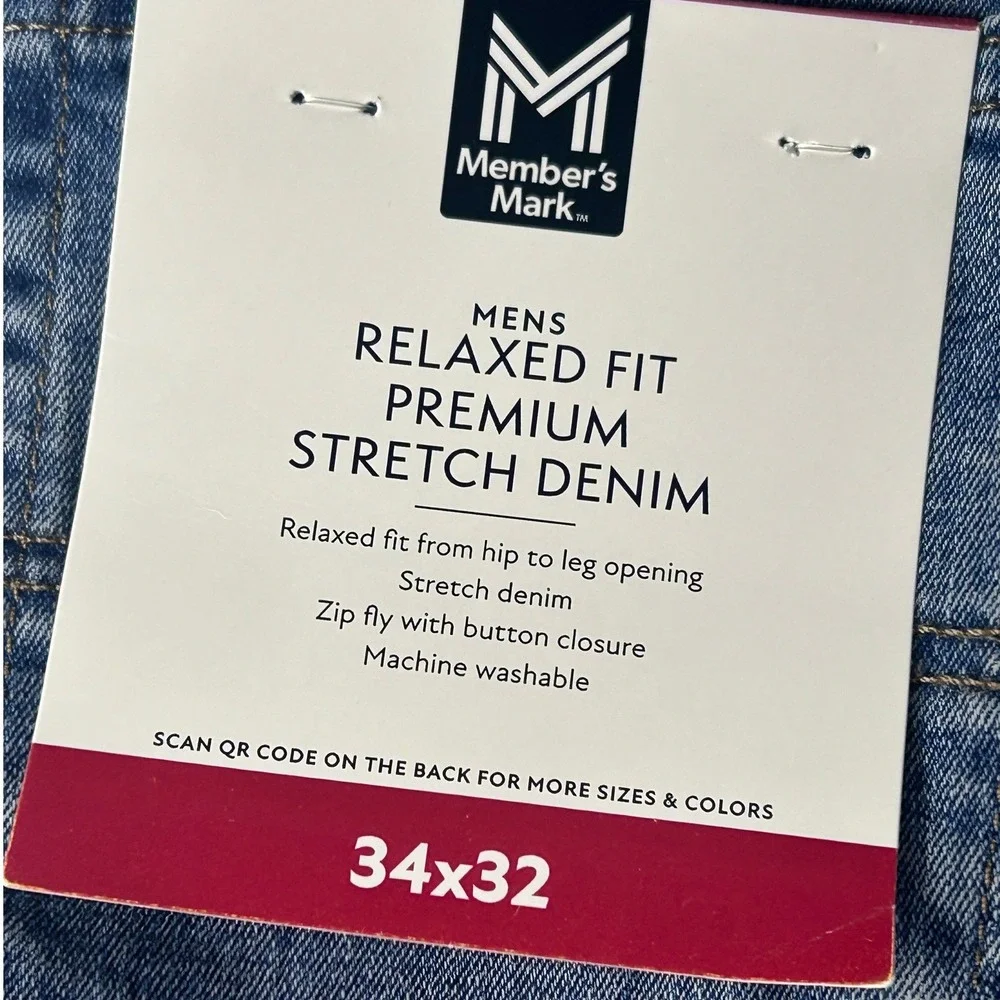Members Mark Mens Relaxed Fit Premium Stretch Denim Blue‎ Jeans 34x32 NEW